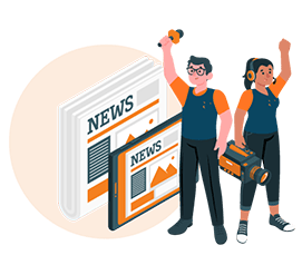 Dois jornalistas, um homem segurando um microfone e uma mulher segurando uma câmera. Ambos com uniforme da empresa Communicare Assessoria em Comunicação. Ao lado um jornal com as atualidades.