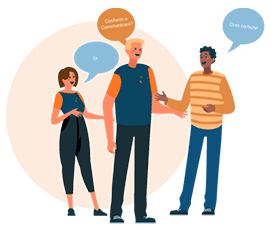 Dois jornalistas com uniforme da Communicare Assessoria em Comunicação e um cidadão conversando.