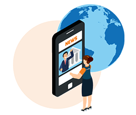 Uma jornalista mulher com o uniforme da Communicare Assessoria em Comunicação e um celular enorme na sua frente. No celular é possível ver um homem jornalista transmitindo a notícia do dia. Ao lado do celular e da mulher, existe a imagem do mundo.