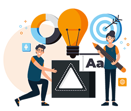 Dois funcionários com o uniforme da Communicare Assessoria em Comunicação. Um homem ajoelhado mostrando o manual de uso de marca e uma mulher em pé com um lápis na mão explicando sobre o Branding e desenvolvimento de design gráfico.