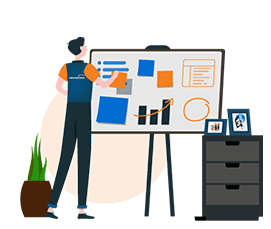 Um funcionário com o uniforme da Communicare Assessoria em Comunicação de costas para o público e de frente para um quadro com gráficos de planejamento e gestão de eventos.